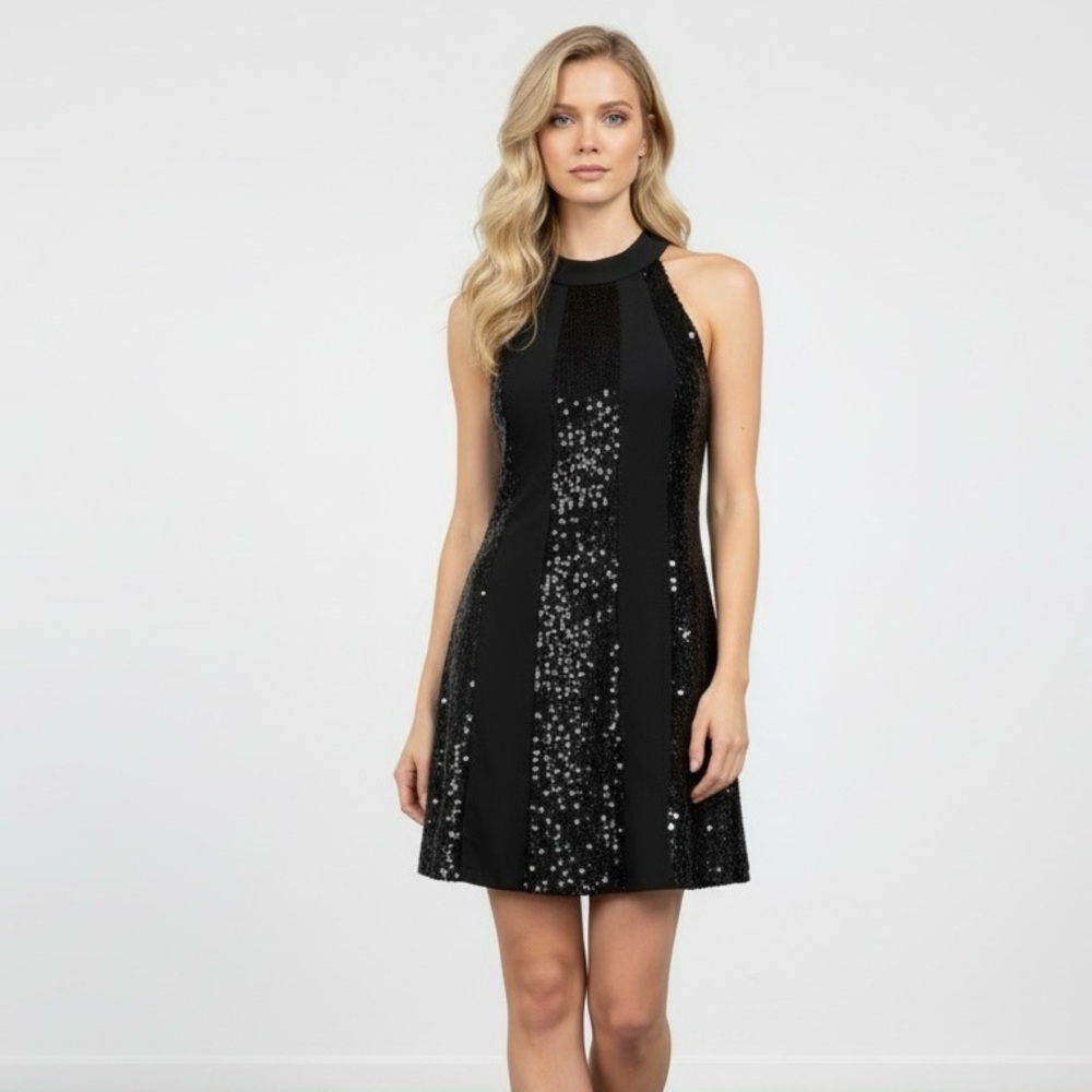 LaRok‎ Sequence Razor Back Sleeveless Striped Black Mini Cocktail Dress